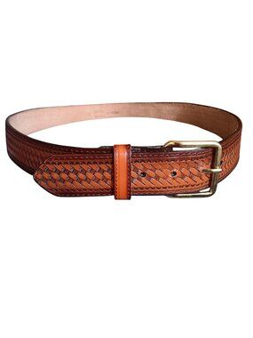 True Vintage Western Belt 38 1980's Cowboy Cowhide Leather Basket Brass Buckle